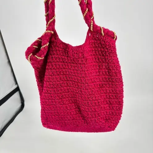 The Sak Women's Beaded Wrapped Handle knit Crochet Hobo Shoulder Bag Pink Small