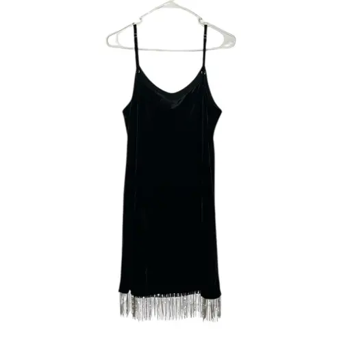 Kontatto Black Fringe Velvet Slip Black Dress(Size Medium)