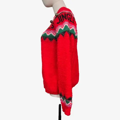Holiday Time Jingle Bells Fair Isle Christmas Sweater Red Fuzzy Knit Women's M