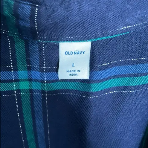 Old Navy  Blue Plaid Metallic Thread Button Down Large - Image 3