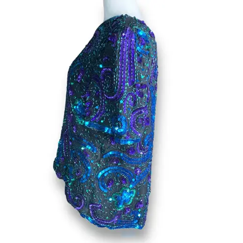 Laurence Kazar Vintage Silk Sequin Beaded Top Turquoise Purple Abstract Art PL