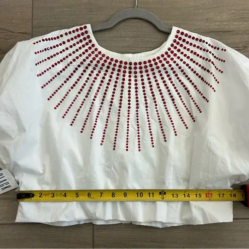 Queen of Sparkles White Puffed Sleeve Red Rhinestone Sunburst Sparkle Top S