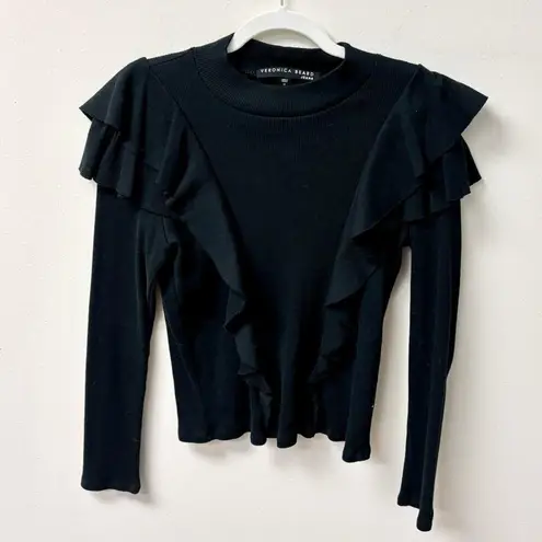 Veronica Beard Dawson Long Sleeve Ruffle Trim Rib Knit Tee Black Women's Size M