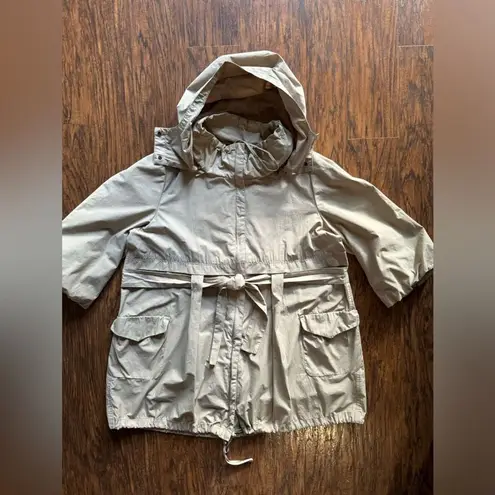 Apostrophe Womens Raincoat Rain Jacket Tan Hood Drawstring Waist Two Way Zipper Size XL