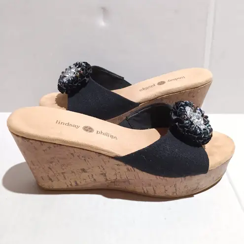 Lindsay Phillips Black Devon Wedge Sandals-Size 7-Interchangeable Clips-Lalita