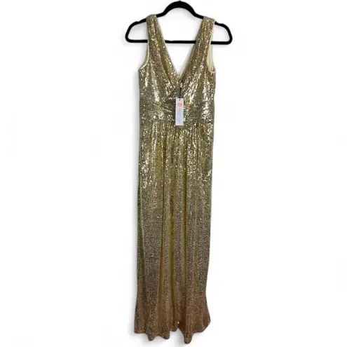 Kate Kasin Bright Gold Sequin Maxi Gown XS Elegant Formal Evening Dress Deep V