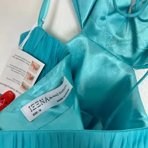 Mac Duggal Ruched Ruffled Shoulder Cut Out Lace Up Gown in Turquoise US 12 NWT