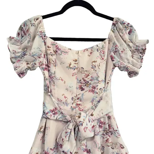 Angel Biba Linka Off-Shoulder Tie Back Fluted Hem Pink Ornate Floral Print Dress