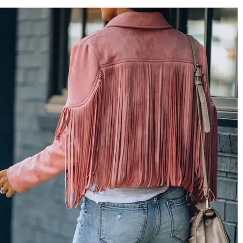 Womens Mauve Fringed Faux Suede Good Vibes Moto Jacket sz large Pink