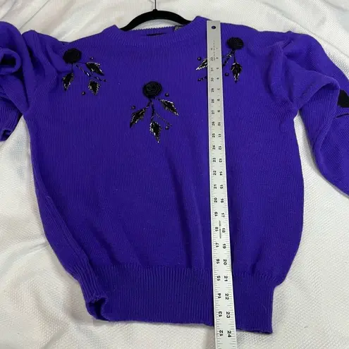 Vintage Purple Black 3D Rose Appliqué Bead Stem Sweater Sz Small