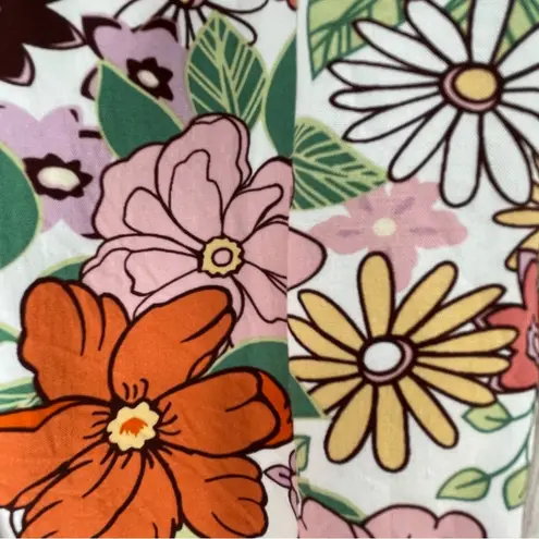 Cropped Boho Lantern Sleeve Floral Print Top w/ Drawstrings & Lace, Small Orange