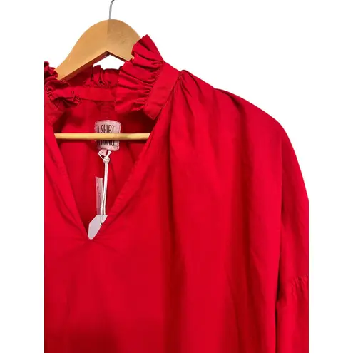 A SHIRT THING Penelope Cabo Poppy Red Ruffle V Neck Cotton Blouse Top L $246 NEW Size L