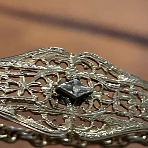 Vintage 12K Gold Filled Filigree Bar Rope Chain Bracelet with Center Diamond