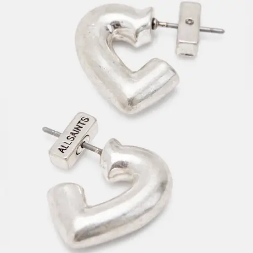 ALL SAINTS Small Silver Heart Huggie Hoop Chic Earrings Dust Bag Included