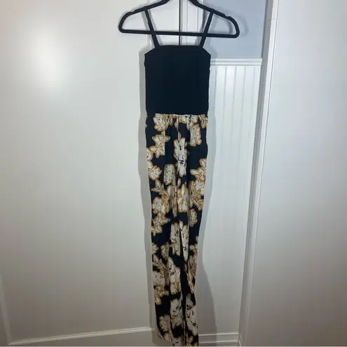 Evereve  Miley ribbed‎ bodice wide leg black floral Jumpsuit size xs pockets