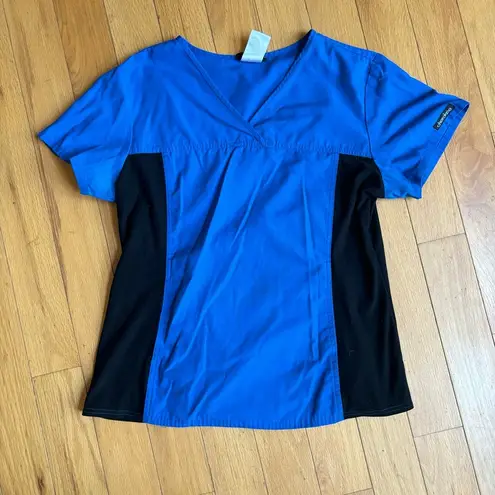 Cherokee  Uniforms V neck flexible royal blue and black 2 pocket scrub top sz M