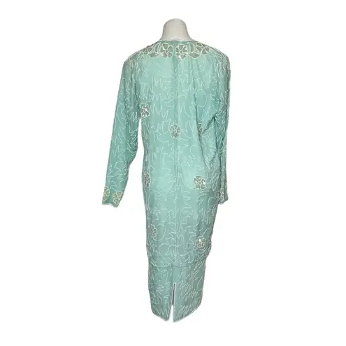 Scala Beaded Gown Formal Light Green 100% Silk Back Slit Size Medium