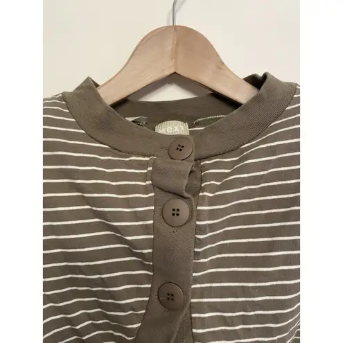 Vintage Mexx Cropped Short Sleeve Cardigan Women Medium Stripe Olive Green White