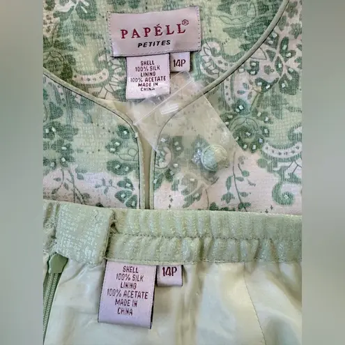 Vintage ‘90s Papell 100% Silk Green Beaded Short Sleeve Jacket + Midi Skirt Set Size 14P