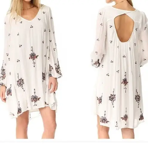 Free People  Oxford Floral Embroidered Mini Dress Long Sleeve Open Back Size S