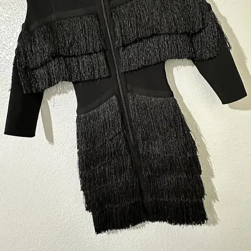 Marciano By Guess Black Mini Flapper Bodycon Fringe Plunge Dress XS Extra Small
