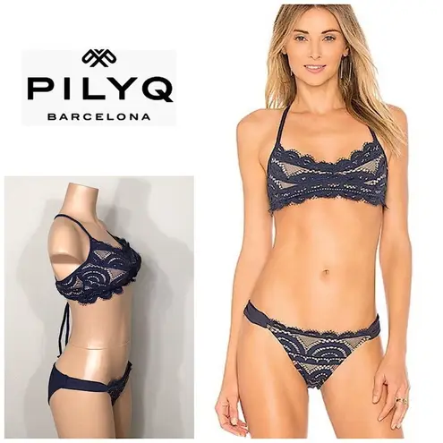 PilyQ teeny navy nautica lace teeny bikini set. M-top/L-bottom. New.