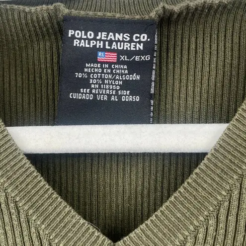 Ralph Lauren Y2K Polo Jeans Co Womens Sweater Sz XL Olive Ribbed Preppy  V-Neck  Vintage Flag