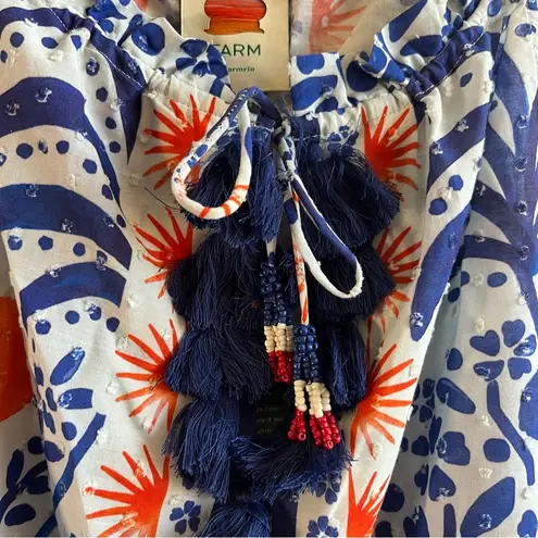 Farm Rio Tank Top Afternoon Breeze Beaded Tassel Tie Cotton Blouse Sz L NWT