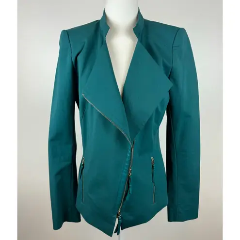 Lafayette 148 Womens Moto Jacket Blazer with Leather Trim in Emerald Green Sz 4