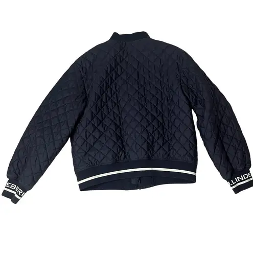 J LINDBERGH Blue Jacket Quilted Bomber Stretch Knit Cuffs Waist White Spell Out