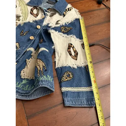Vintage 90s New Directions Safari Embroidered Patch Denim Jean Jacket Top Blue Size 1X