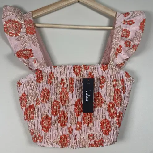 Lulus Womens Floral Smocked Crop Top Small Dusty Pink Gold Metallic Ruffle NEW