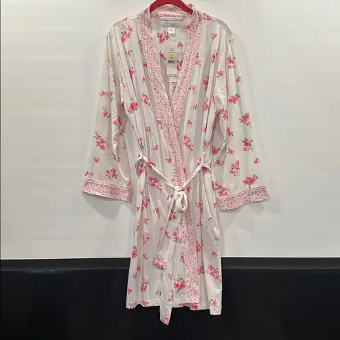 Carole Hochman Mixed Floral Robe Wrap NEW White Pink Medium Cotton Pockets