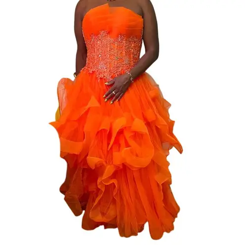 Stunning Orange Tulle Ball Gown with Floral Lace Applique Formal Evening Dress Size 6