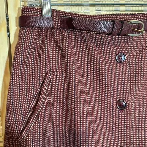 Classique Works Vintage Purple Red Tweed Wool Belted Midi Button Up Skirt Size undefined