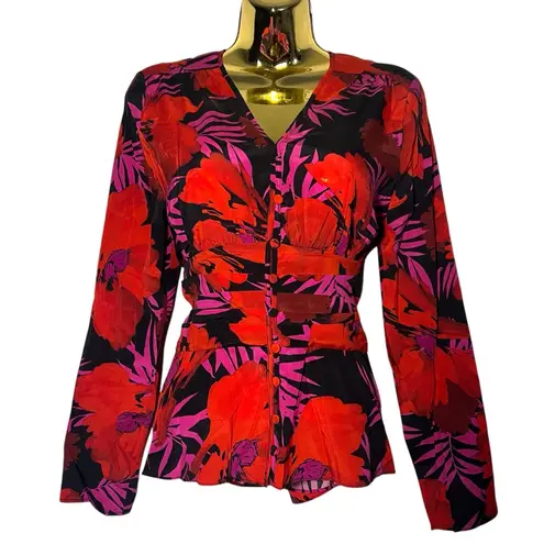 Akris Punto size 10 FLORAL V-neck SILK Pintuck ruche BLOUSE NWT