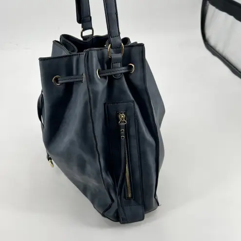 JustFab faux leather drawstring bag side tassel gold hardware spacious on the go