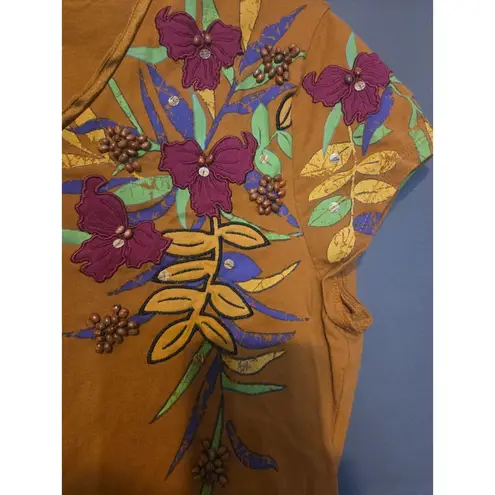 Westbound Floral Orange Beaded Top, Y2k Women's Small Blouse, Fall Cottagecore