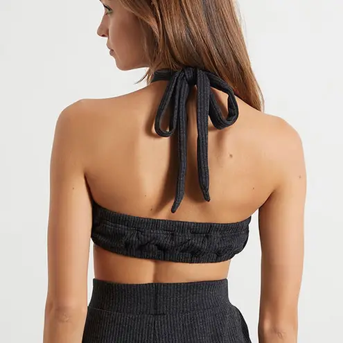 We Wore What New Tie Halter Bra Top Ribbed Knit Crop Top Charcoal Size Small