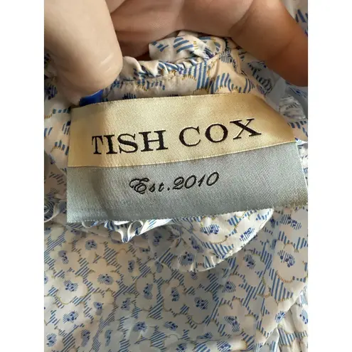 Tish Cox Dress Womens XXS White Blue Floral Ruffle Neck Long Sleeve Tiered Boho