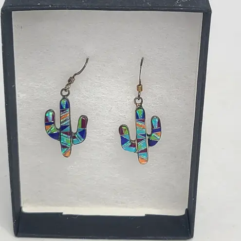 Saguaro Sterling Silver Cactus Multicolor Stone Inlay Pierced Dangle Earrings