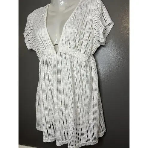 White Swimsuit Cover Up Dress Womens Large Crochet Mesh V Neck Beach Tunic