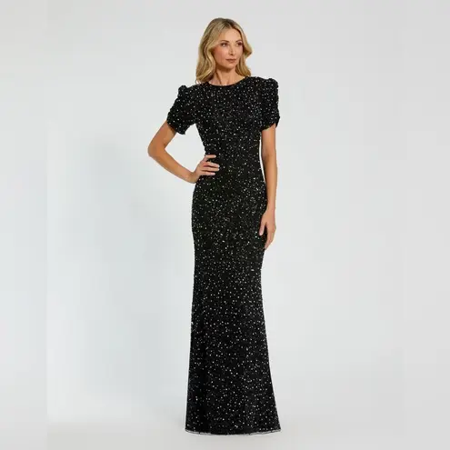 Mac Duggal 24003 Womens Black Gathered Short Sleeve Beaded Gown