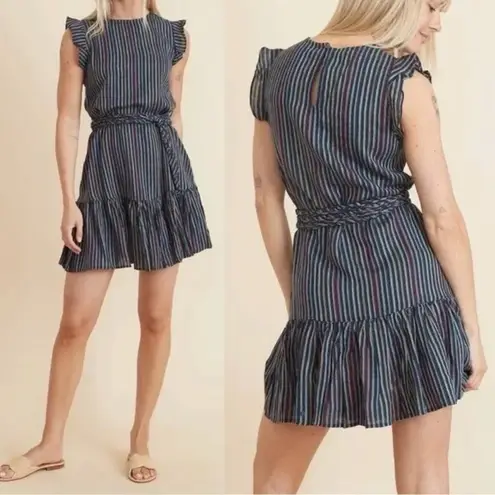 Marine layer Dress Laney Linen Mini Navy Rainbow Stripe Size Small Braided Belt