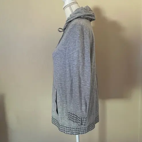 St. John Gray Cardigan Button Up Sz M Sequin Hooded Jacket Embellished Trim