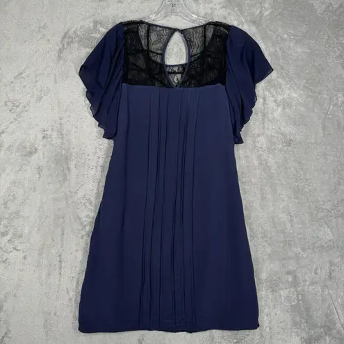 Jenny Han Dress Womens Small Blue Black Lace Shift Pleated Silk Date Night Party