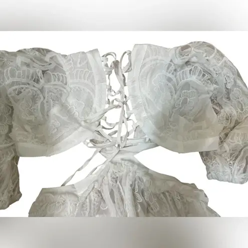 Women's White Cut out Lace Bubble Sleeve Lace Back Maxi Dress NWOT Size XL