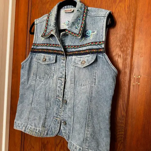 Bill Blass Vintage 90s Embroidered Floral Rhinestone Denim Vest M Cottage Garden