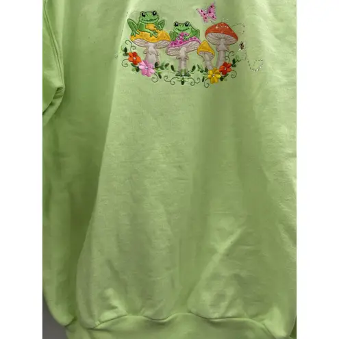 Cute Frog Mushroom Embroidered Lime Green Crewneck Sweatshirt Size L