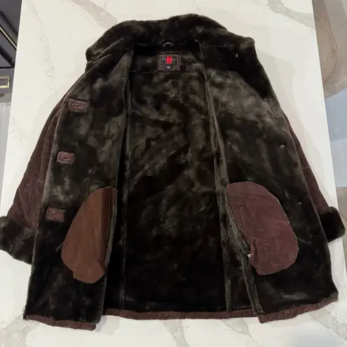 Gallery Vintage  Genuine Leather Suede Button Front Coat w/Faux Fur Trim Womens L